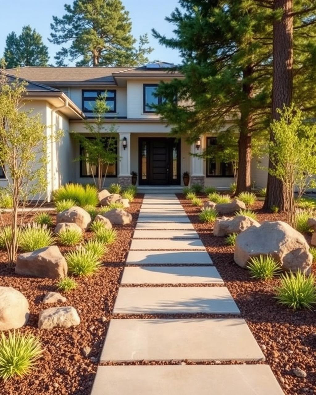 Modern front yard landscape with linear walkway and native plantings